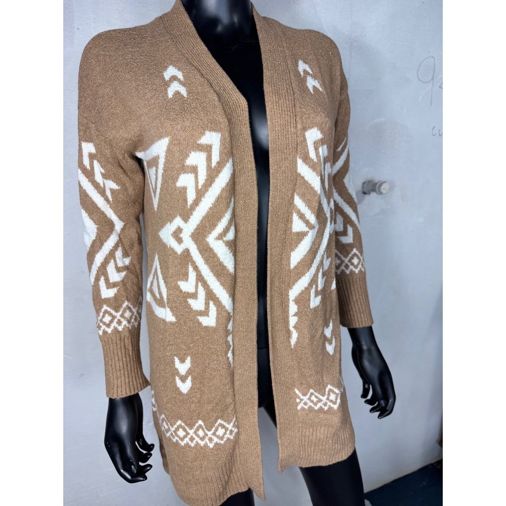 Ruby Moon Women Tan White Geometric Pattern Long Open Front Cardigan Sweater XS - Picture 4 of 9